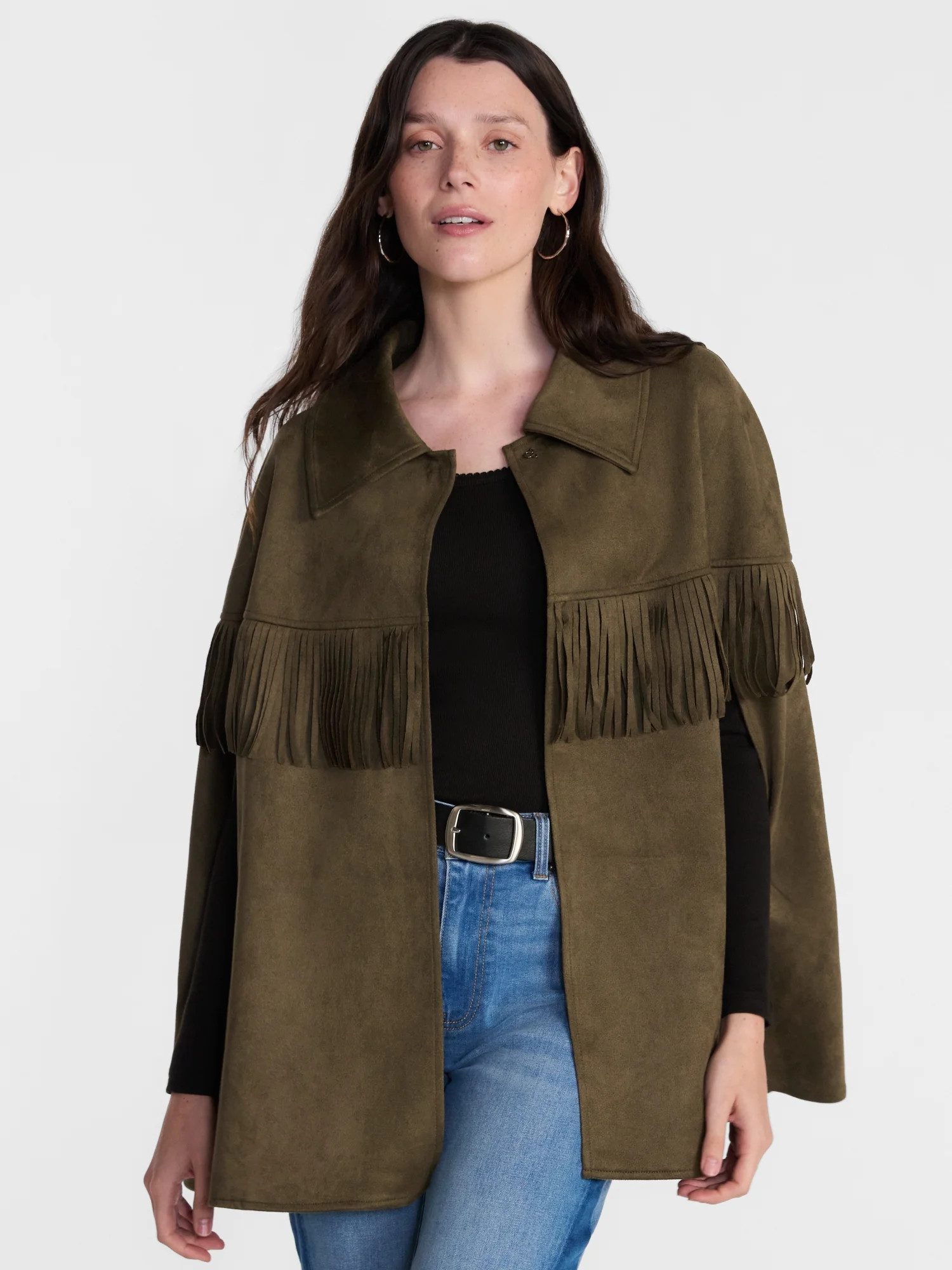 Scenario Women's Faux Suede Fringe Cape, Midweight, Sizes S-3XL | Walmart (US)