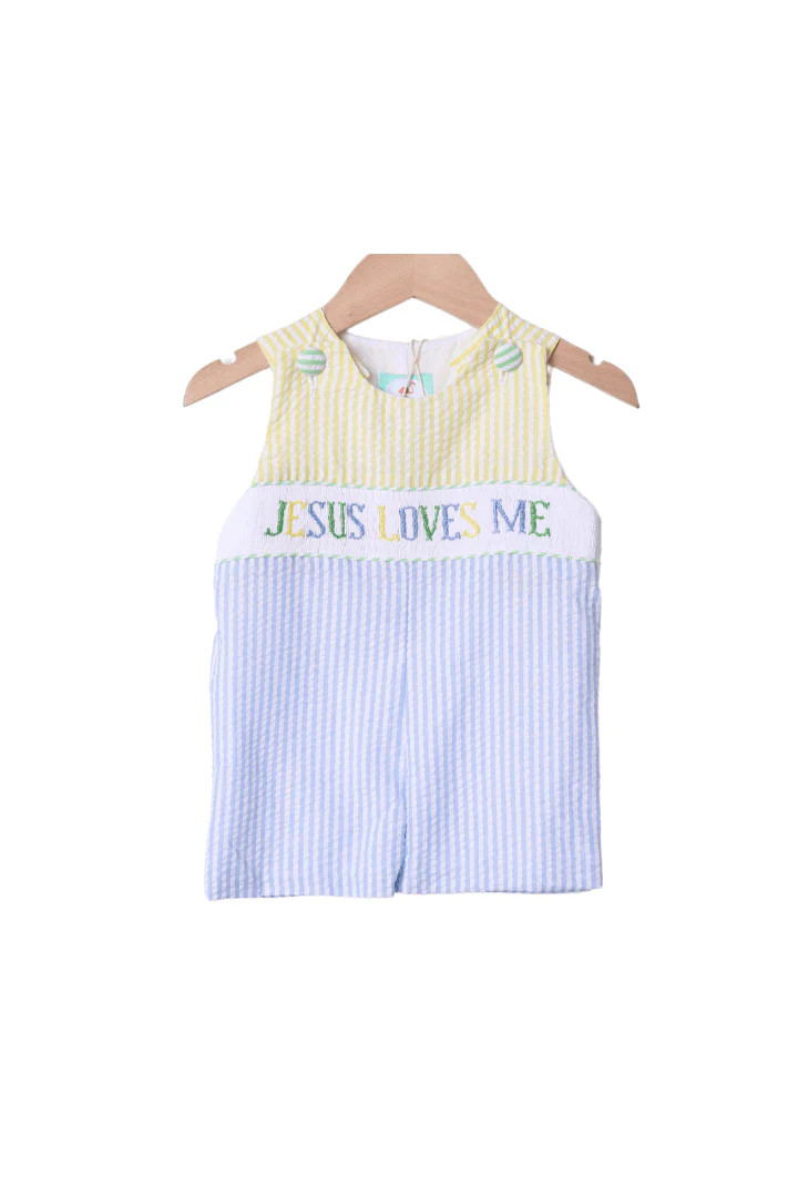 Smocked Jesus Loves Me Seersucker Colorblock Jon Jon | The Smocked Flamingo