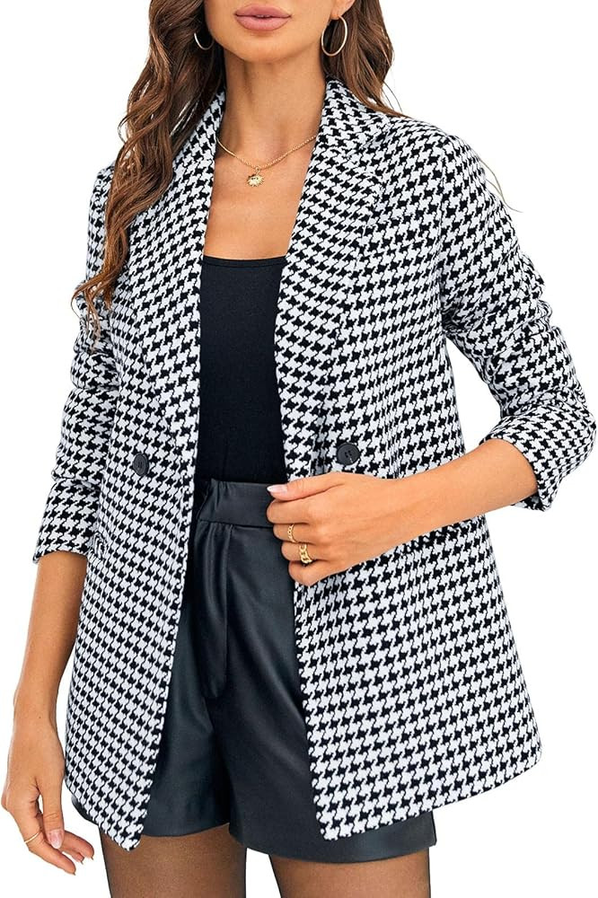 Foshow Womens Casual Houndstooth Plaid Blazers Open Front Long Sleeve Cardigan Lapel ... | Amazon (US)