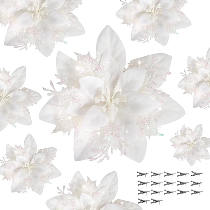 Childom 15 PCS White Poinsettia Flower Artificial Poinsettias with Clips Christmas Decorations Gl... | Amazon (US)