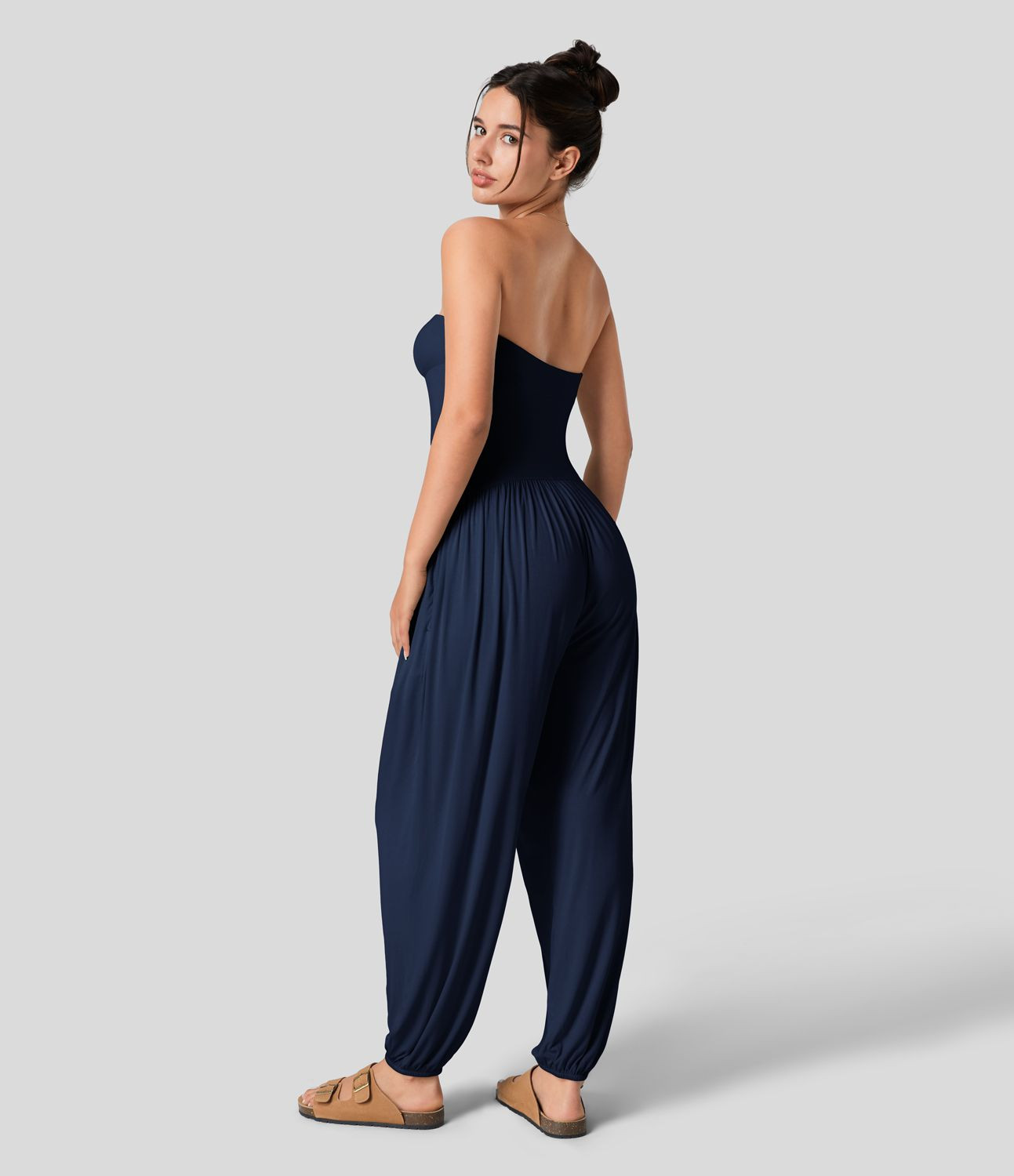 Women’s Ribbed Tube Backless Plicated Side Pocket Casual Jumpsuit - Halara | HALARA