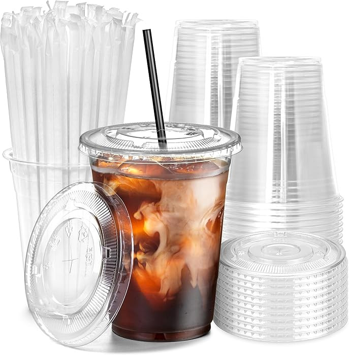 Fit Meal Prep 100 Pack 16 oz Plastic Iced Coffee Cups with Flat Lids and Black Straws, Disposable... | Amazon (US)