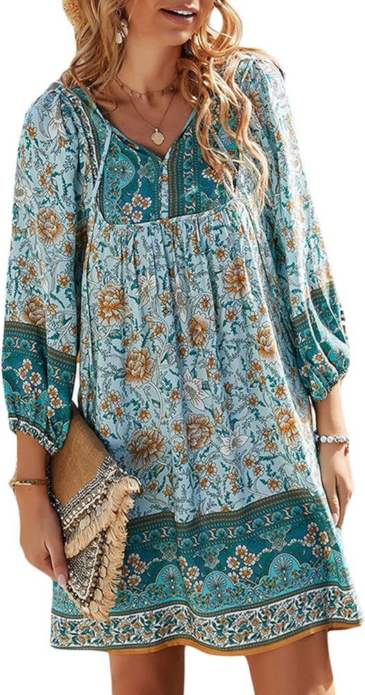 Alaurbeauty Women's V Neck Puff Short Sleeve Dress Summer Casual Beach Boho Floral Bohemian Sundr... | Amazon (UK)