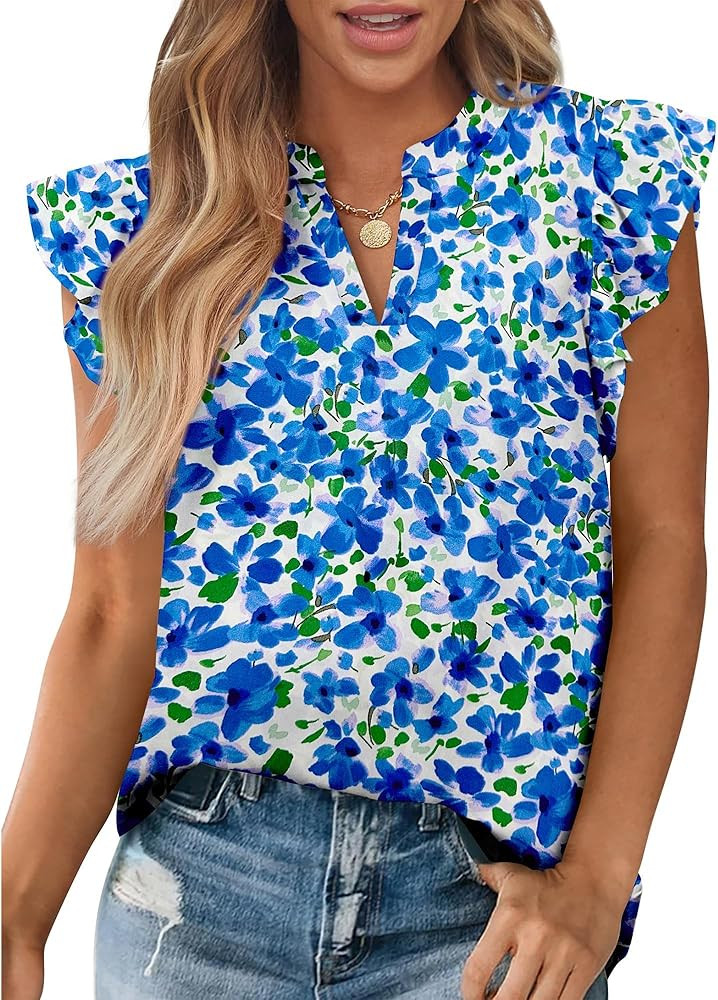 Zenlonr Womens Dressy Casual Tops 2025 Summer Ruffle Cap Sleeve V Neck Shirts Boho Floral Blouses... | Amazon (US)