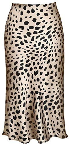 Womens Leopard Print Skirt Midi Long Length Silk Satin High Waist Elastic Skirts L | Amazon (US)