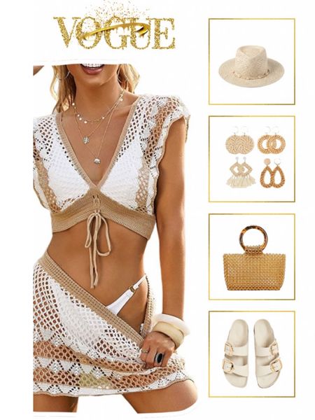 Neutral swim essentials! Classy and chic! 

•white bikini 
•straw bag
•beach earrings 
•slides
•hat 
#swimwear #amazon #revolve #beachoutfit #springbreak #springoutfit #summerlook #poolparty