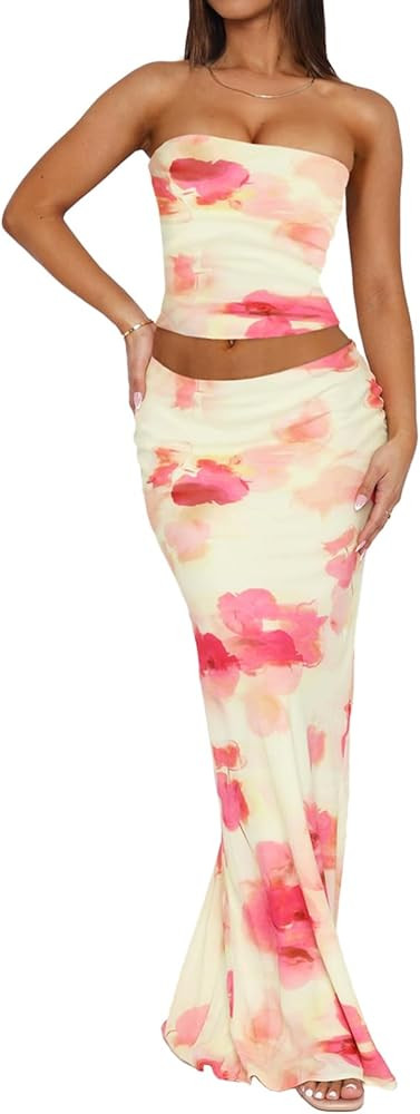 Goafuliy 2 Piece Skirt Sets for Women Summer, Floral Sleeveless Tube Top Bodycon Maxi Skirts Y2k ... | Amazon (US)