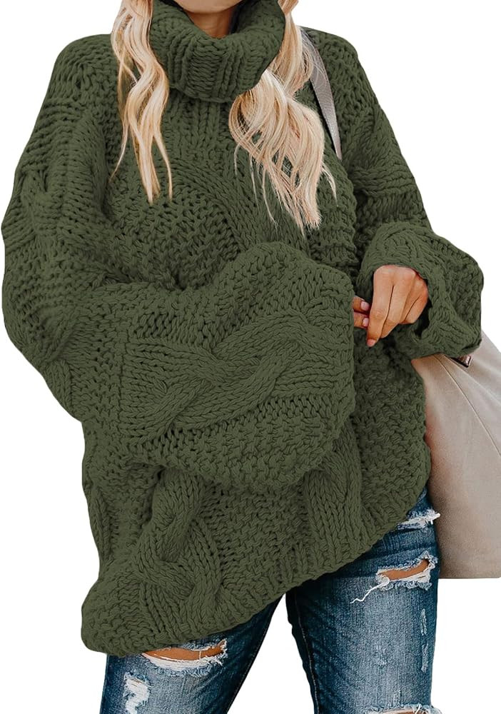 ROSKIKI Women's Solid Color Loose Long Sleeves Turtleneck Knit Sweater Pullover | Amazon (US)