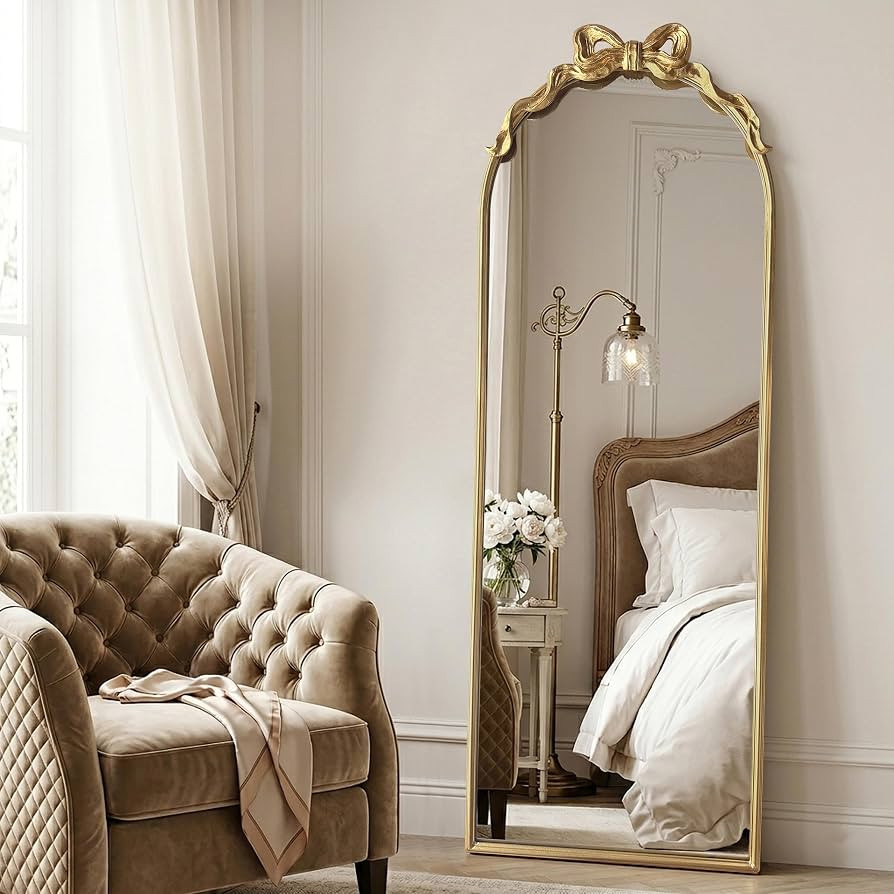 Gold Full Length Wall Mirror, Arched Standing Mirror with Bow, Vintage Ornate Full Body Dressing ... | Amazon (US)