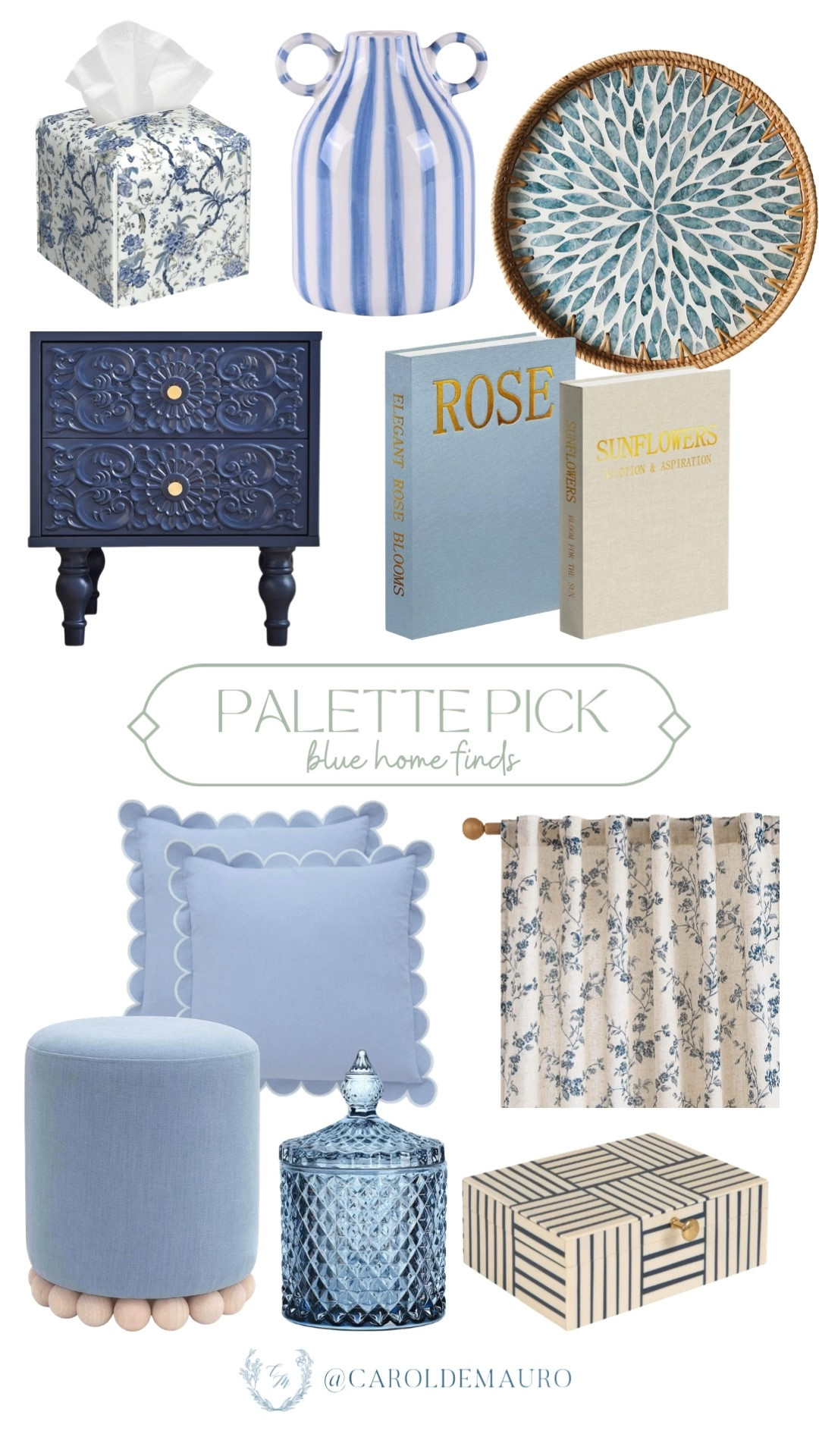 palette pick, monochromatic, blue home finds, home decor, coastal home, interior decor, home accents, scalloped throw pillow, floral curtains, ottoman, glass canisters, trinket box, night stand, napkin holder, striped vase, round woven tray, decorative books

#LTKHome