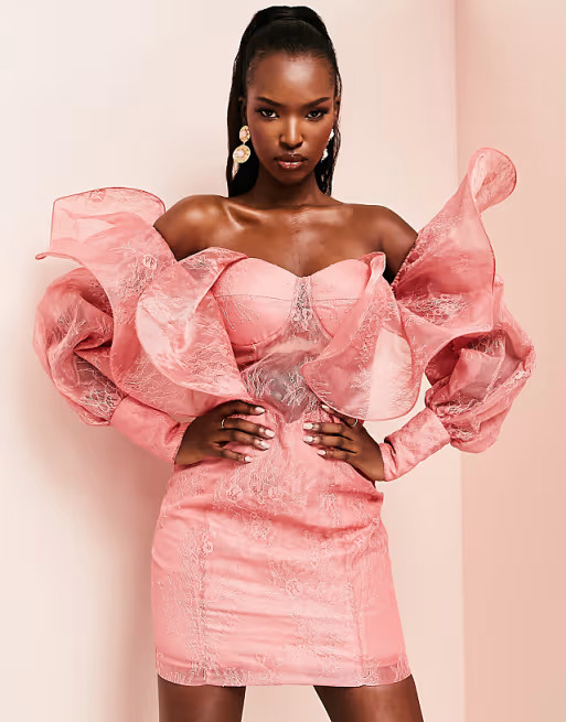 ASOS LUXE lace mini dress with wire Bardot in blush | ASOS (Global)