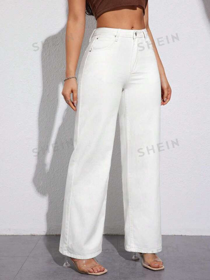 SHEIN Essnce Ladies' Solid Color Casual Daily Straight-Leg Jeans | SHEIN