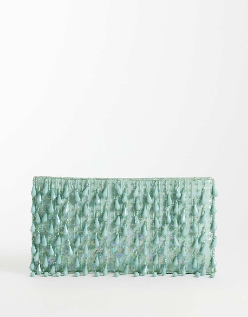 ASOS DESIGN embellished droplet zip top clutch bag in light blue | ASOS (Global)
