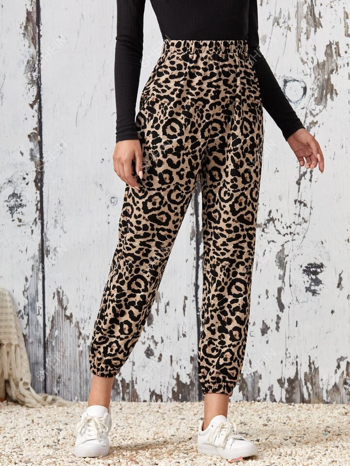 EMERY ROSE Leopard Print Elastic Waist Carrot Pants | SHEIN