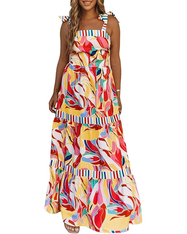 AlvaQ Women's 2024 Summer Sleeveless Floral Print Maxi Dress Strap Square Neck Beach Sun Dress | Amazon (US)