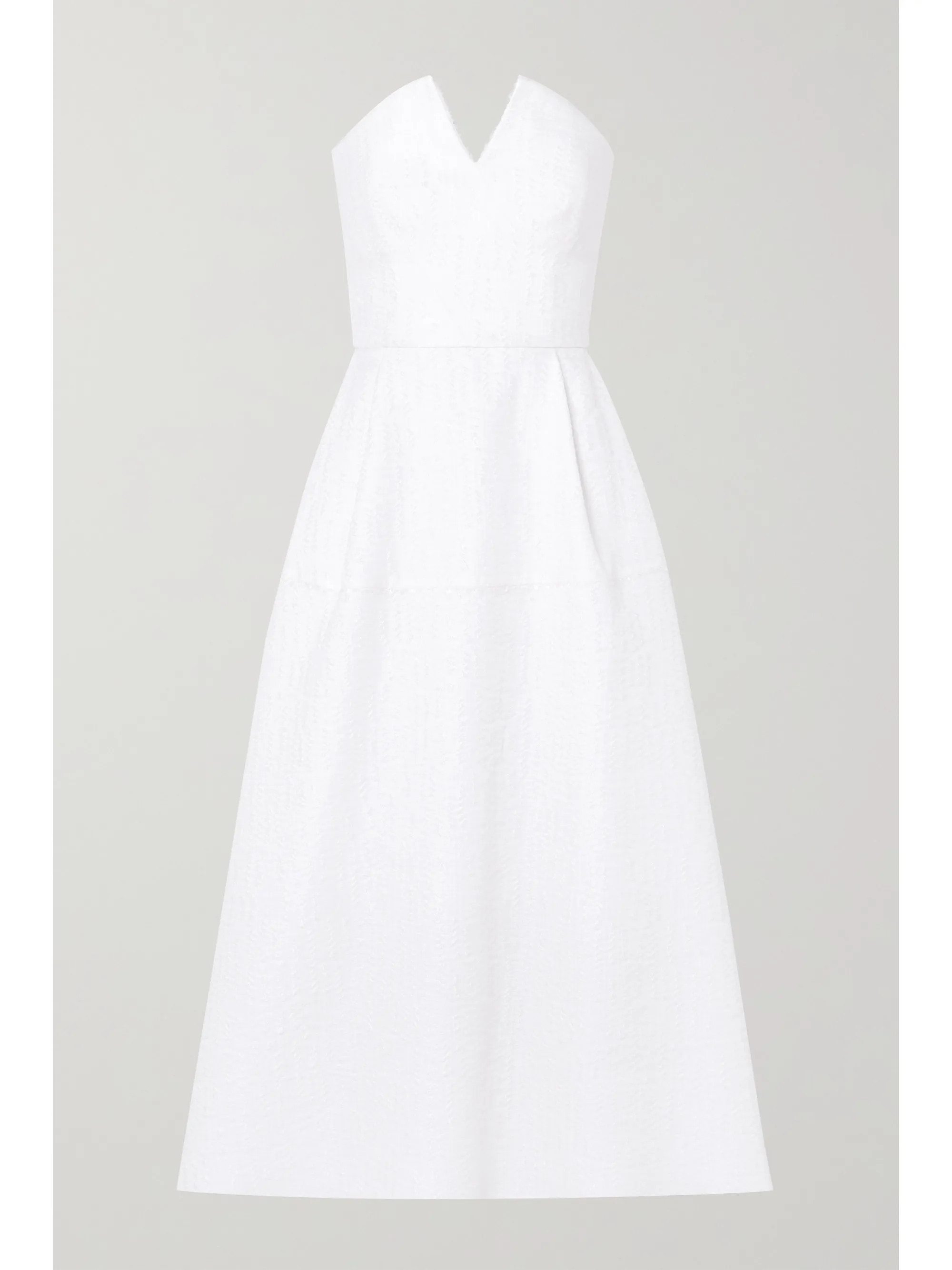 White Aldrich strapless frayed cloqué midi dress | Roland Mouret | NET-A-PORTER | NET-A-PORTER (US)