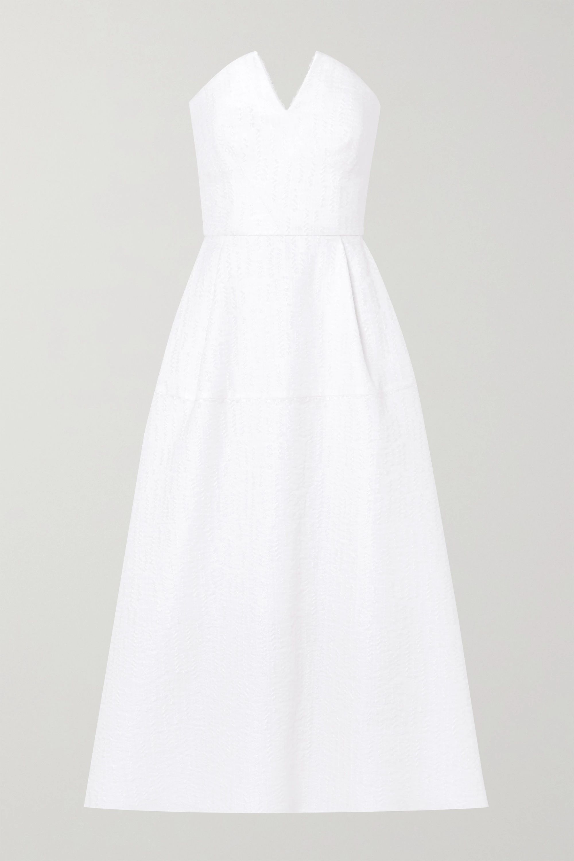 White Aldrich strapless frayed cloqué midi dress | Roland Mouret | NET-A-PORTER | NET-A-PORTER (US)