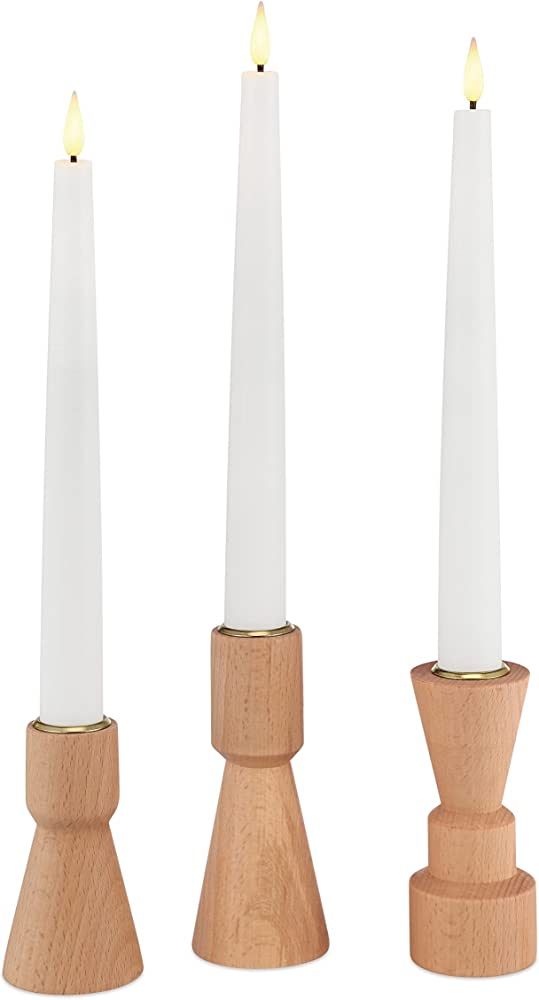 LampLust Wood Candle Holders for Candlesticks - Set of 3 Wooden Candle Holder, Brass Accents, Tap... | Amazon (US)