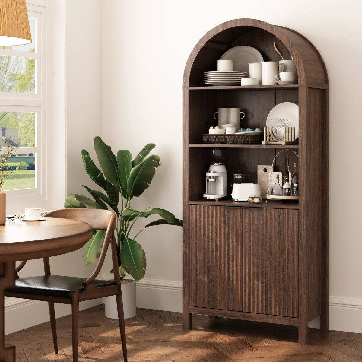 Kalaen 71''H Arched Cabinet 5-Tier Bookcase with Fluted Door and Adjustable Shelves | Wayfair North America