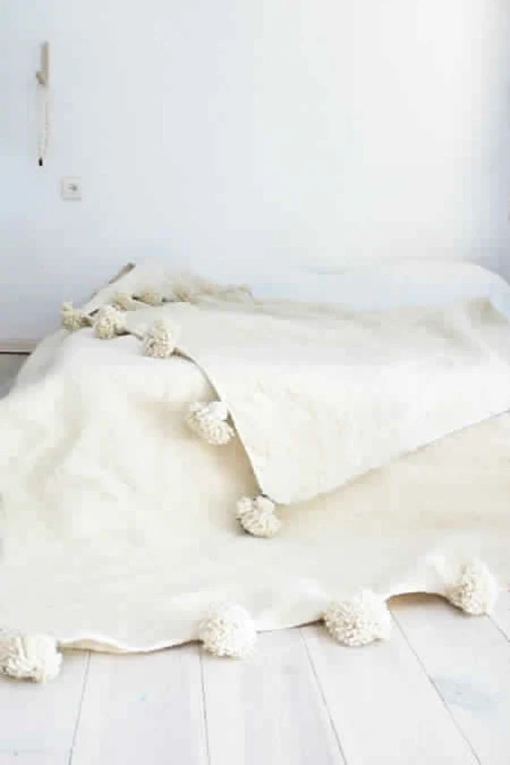 Moroccan Pom Pom blanket and throw, Ivory White bed cover, Hand woven wool, Bohemian blanket, Ber... | Etsy (US)
