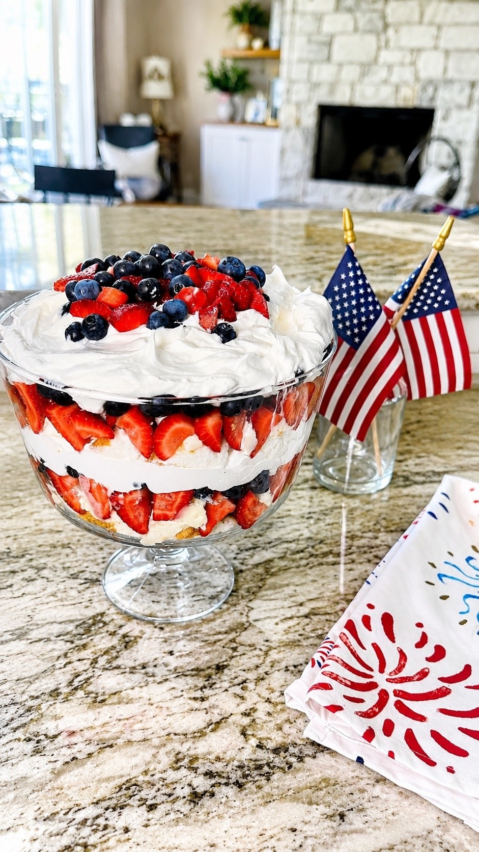 This trifle bowl has officially become one of my favorite entertaining pieces 🤍🇺🇸
Perfect for summer desserts, holidays, and feeding a crowd — plus it makes everything look extra pretty on the counter. ☀️🍓 

My favorite patriotic summer dessert! This red, white, and blue trifle is always a hit! 🇺🇸

Layer store-bought pound cake (or Angel food cake), whipped topping, and fresh berries - and boom, you've got a festive dessert that everyone will love.
Save this for your summer parties!

INGREDIENTS
6.8 oz white chocolate pudding
4 cups whole milk
14 oz angel food cake
16 oz whipped topping
32 oz fresh strawberries
18 oz fresh blueberries

#RedWhiteAndYum #EasyDesserts #FourthOfJulyFood #4thOfJulyDessert
#TrifleRecipe #NoBakeDessert #MomHack #PartyFoodldeas #EasyHolidayRecipe
#July4thParty #holidayhosting #hosting 
#ThisTexasFamilyFarmhouse
#SummerEntertaining #Fruitlovers

#LTKfoodie #LTKmomlife #LTKHome