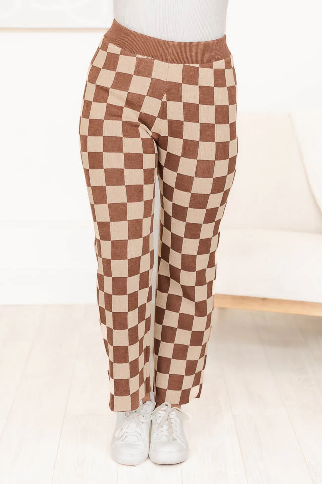 Sweet Destiny Brown and Beige Checkered Straight Leg Pant | Pink Lily