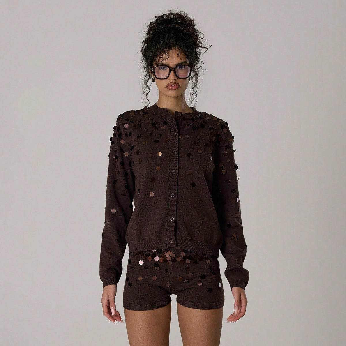 MUSERA Sequin Long Sleeve Button Knit Cardigan Co-Ord Top Only Casual Cute Autumn Winter Cosy Lounge Knitwear Coco Cloud | SHEIN