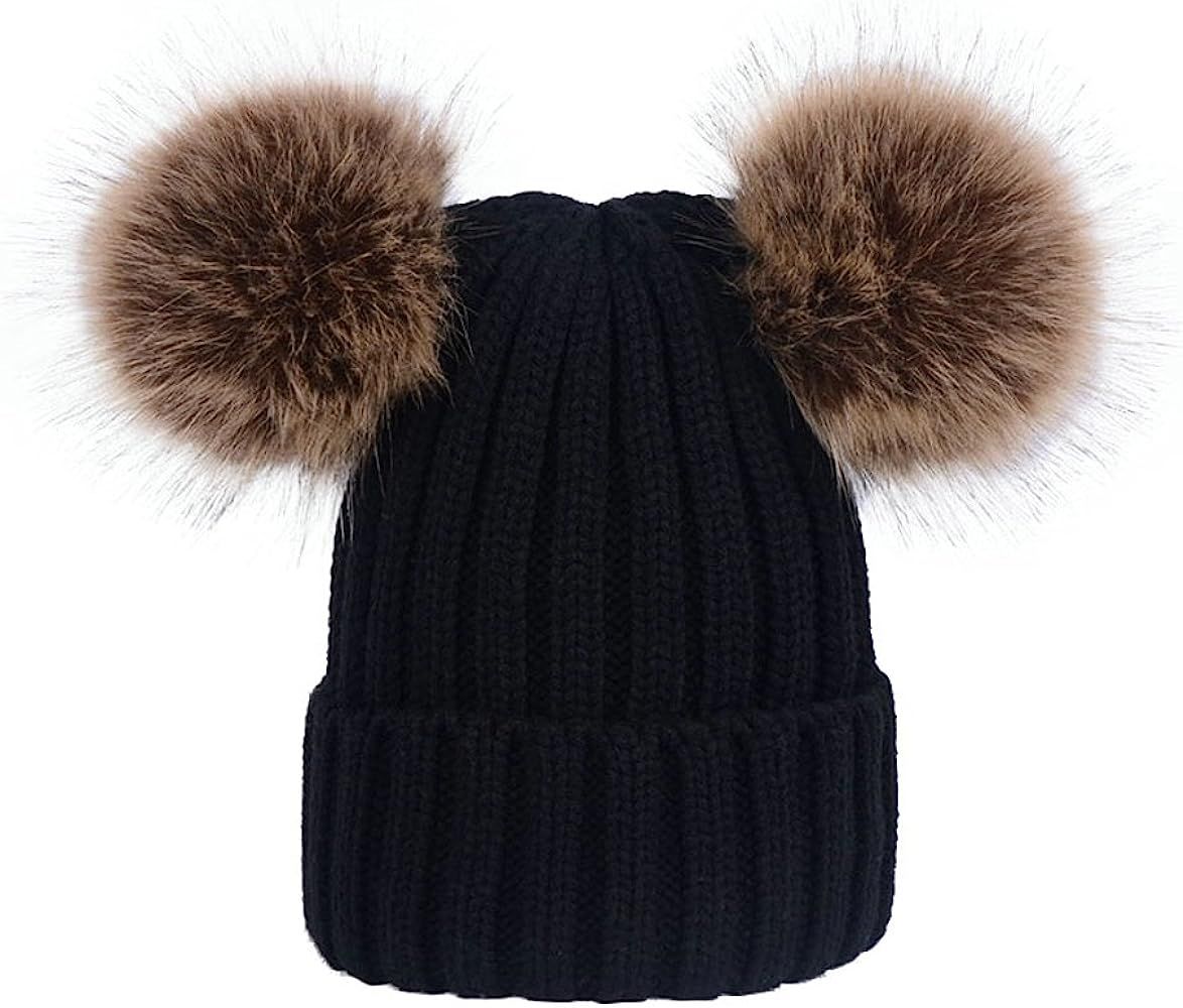 wanture Winter Women's Winter Knit Wool Beanie Hat with Double Faux Fur Pom Pom Ears | Amazon (US)