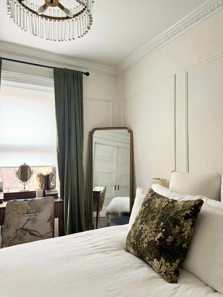Bedroom sources- velvet blackout curtains, tapestry pillow, floor mirror, desk chair 