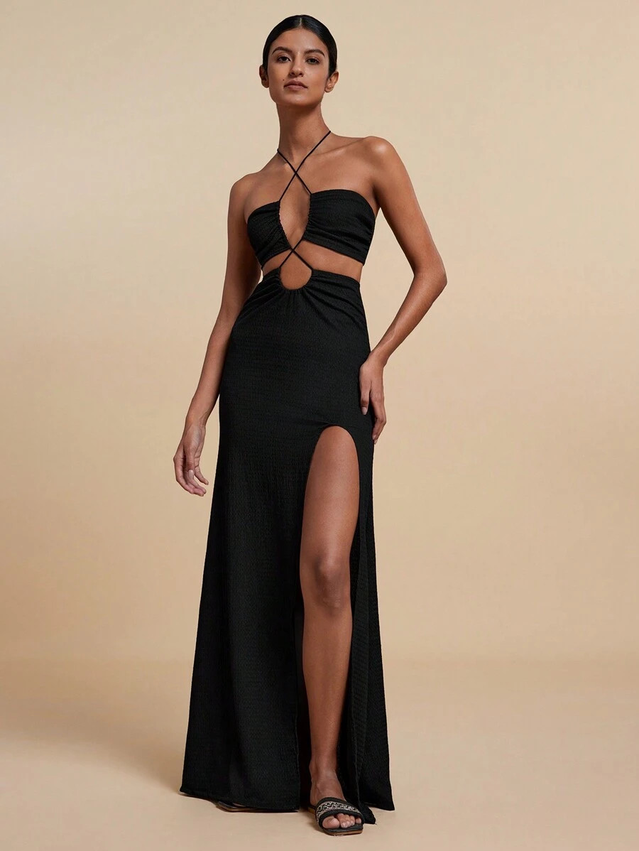 Travachic Summer Beach Woman Cut Out Split Thigh Halter Neck Backless Black Dress | SHEIN
