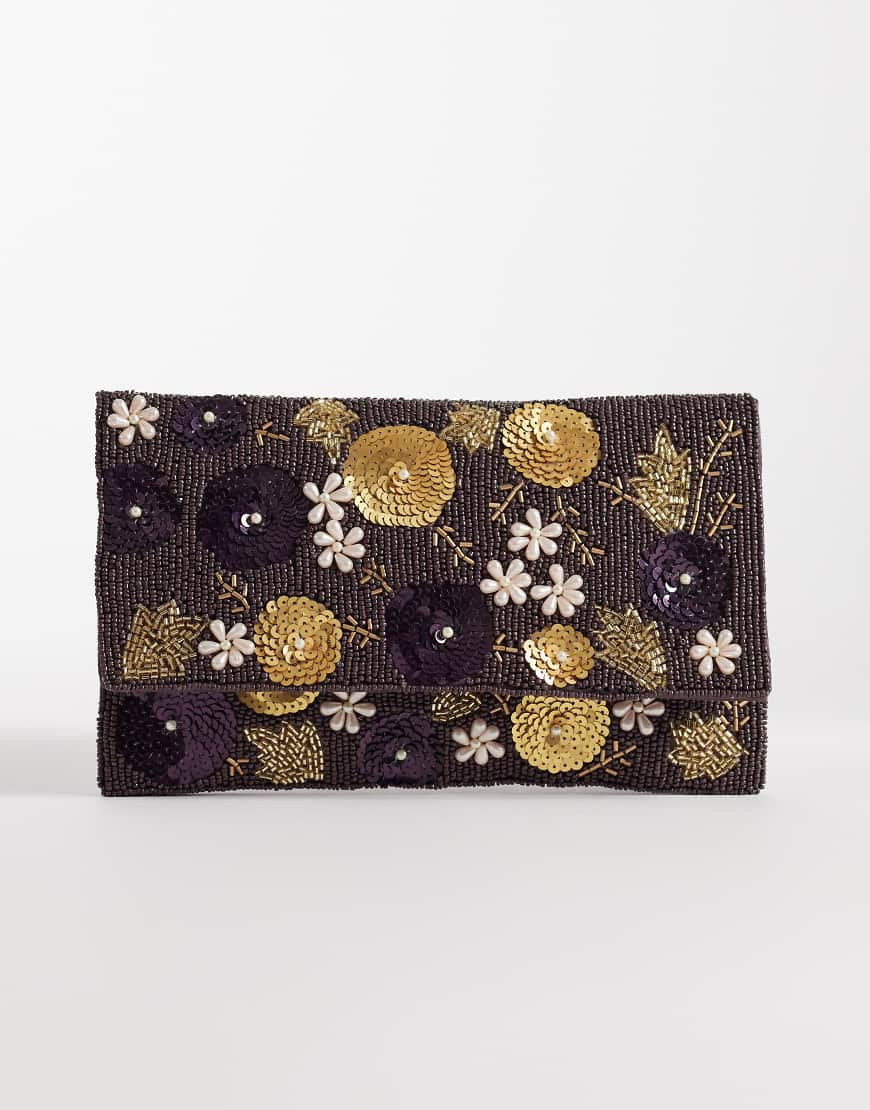True Decadence petal embellished clutch bag in dark purple | ASOS (Global)