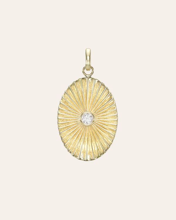 14K Gold Pleated Oval with Round Diamond Pendant | Zoe Lev Jewelry