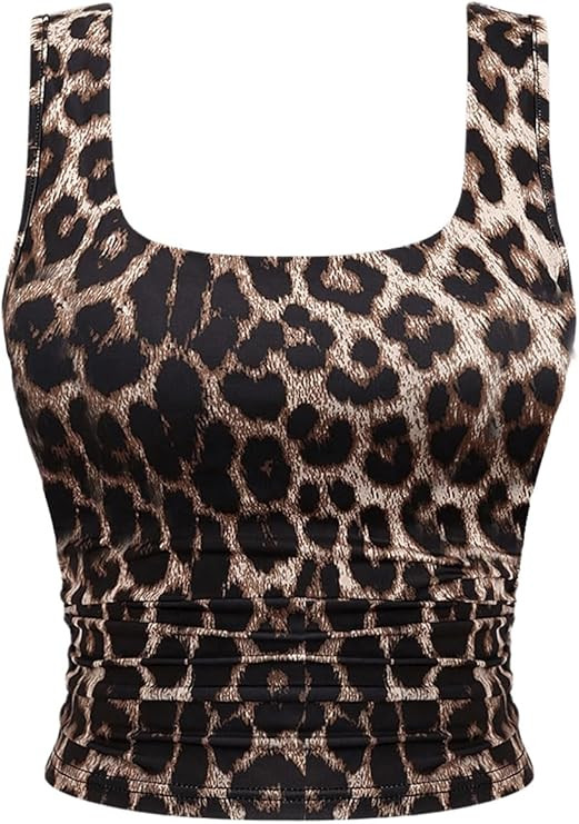 Women's Leopard Print Padded Tank Top Ruched Sleeveless Slim Fit Y2k Crop Tops | Amazon (US)