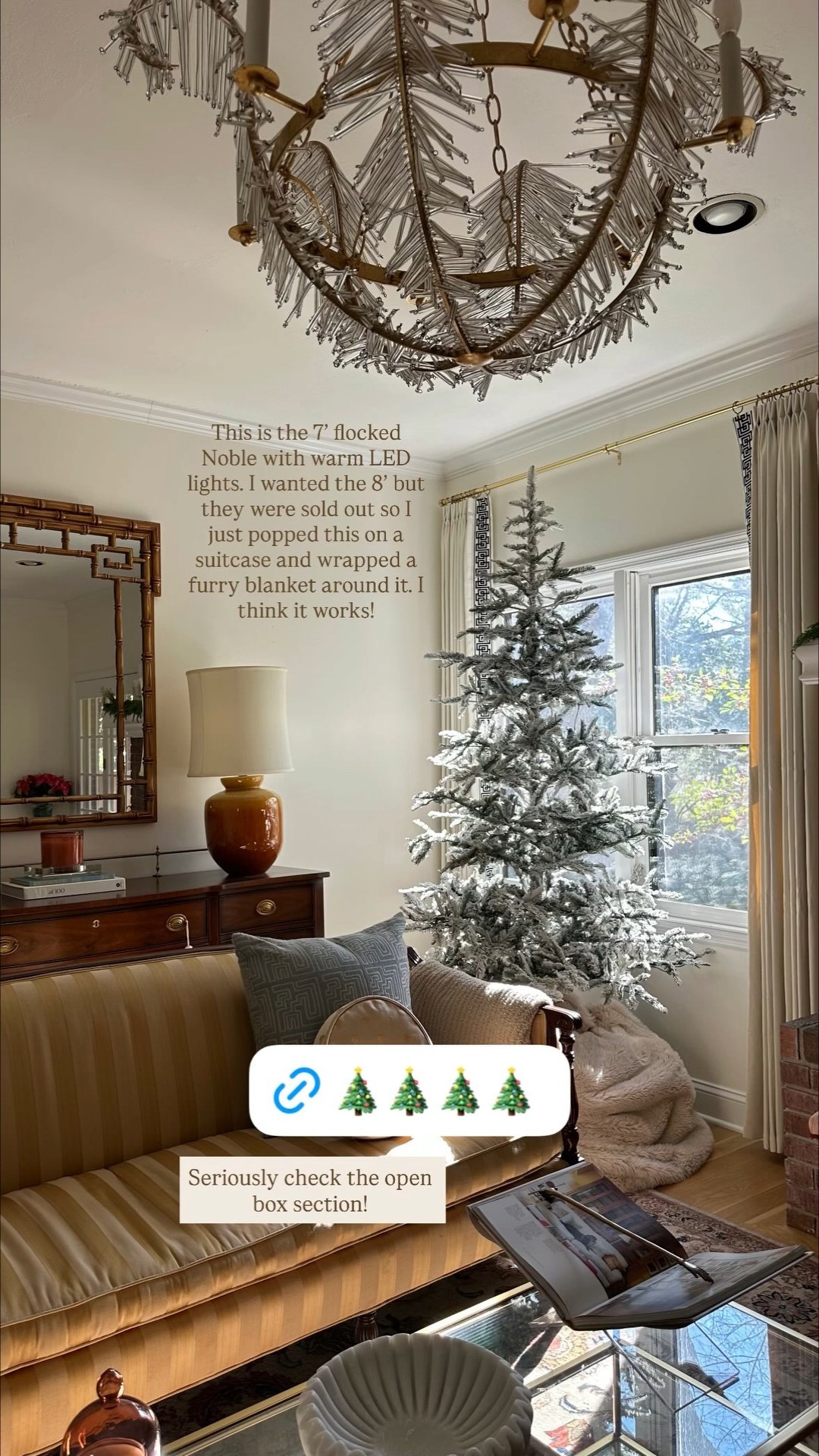 This is the 7’ flocked Noble with warm LED lights. I wanted the 8’ but they were sold out so I just popped this on a suitcase and wrapped a furry blanket around it. I think it works! Seriously check the open box section!