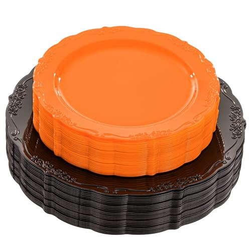 U-QE 60 Pieces Halloween Plastic Plates - Orange and Black Plates Disposable for Party - Halloween Party Supplies Including 30 Black Plastic Plate 10'' & 30 Orange Plate 7.5 '' | Amazon (US)