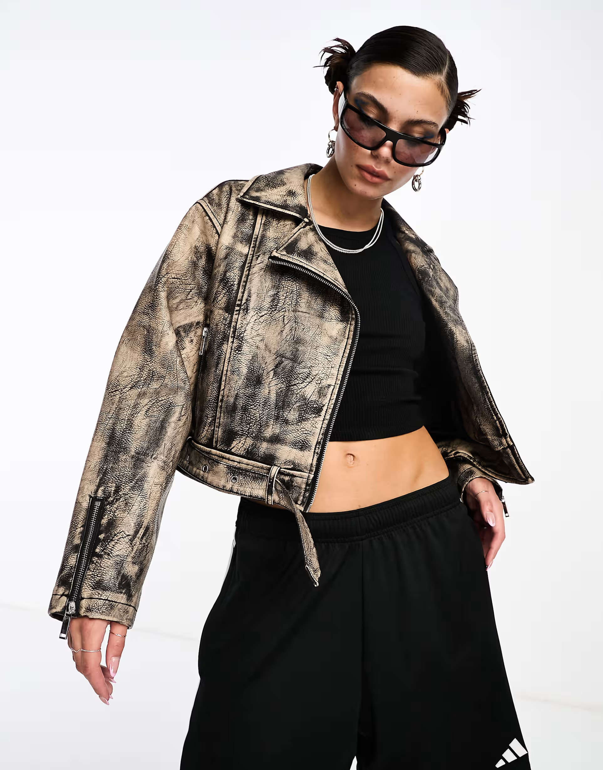 COLLUSION faux leather distressed biker jacket in brown | ASOS (Global)