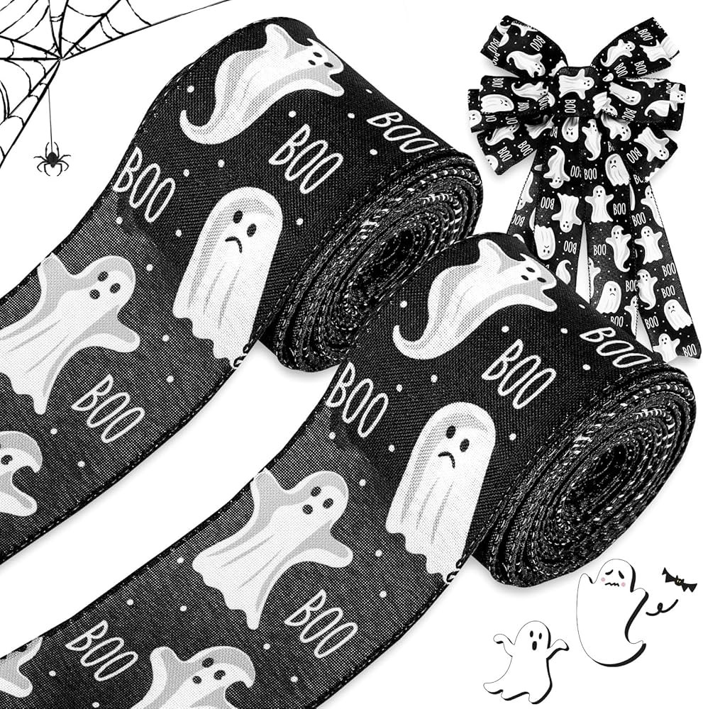 AnyDesign 24 Yards Halloween Wired Edge Ribbon 2 Roll Spooky Ghost Boo Theme Decorative Ribbon Bl... | Amazon (US)