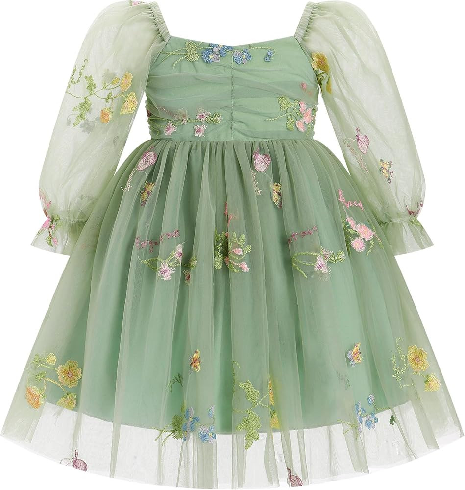 AWIBMK Kids Baby Girls Mesh Long Sleeve Birthday Princess Tulle Tutu Dress Square Neck Smocked Ba... | Amazon (US)