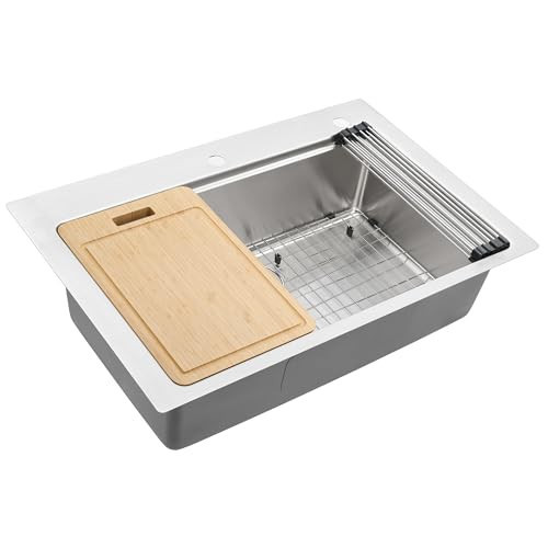 Ruvati 33 inch Rounded Corners Drop-in Workstation Kitchen Sink - Soundproof 16 Gauge Topmount Stainless Steel Single Bowl Kitchen Sink with Brushed Finish hides scratches, Easy-to-Clean - RVM5233 | Amazon (US)