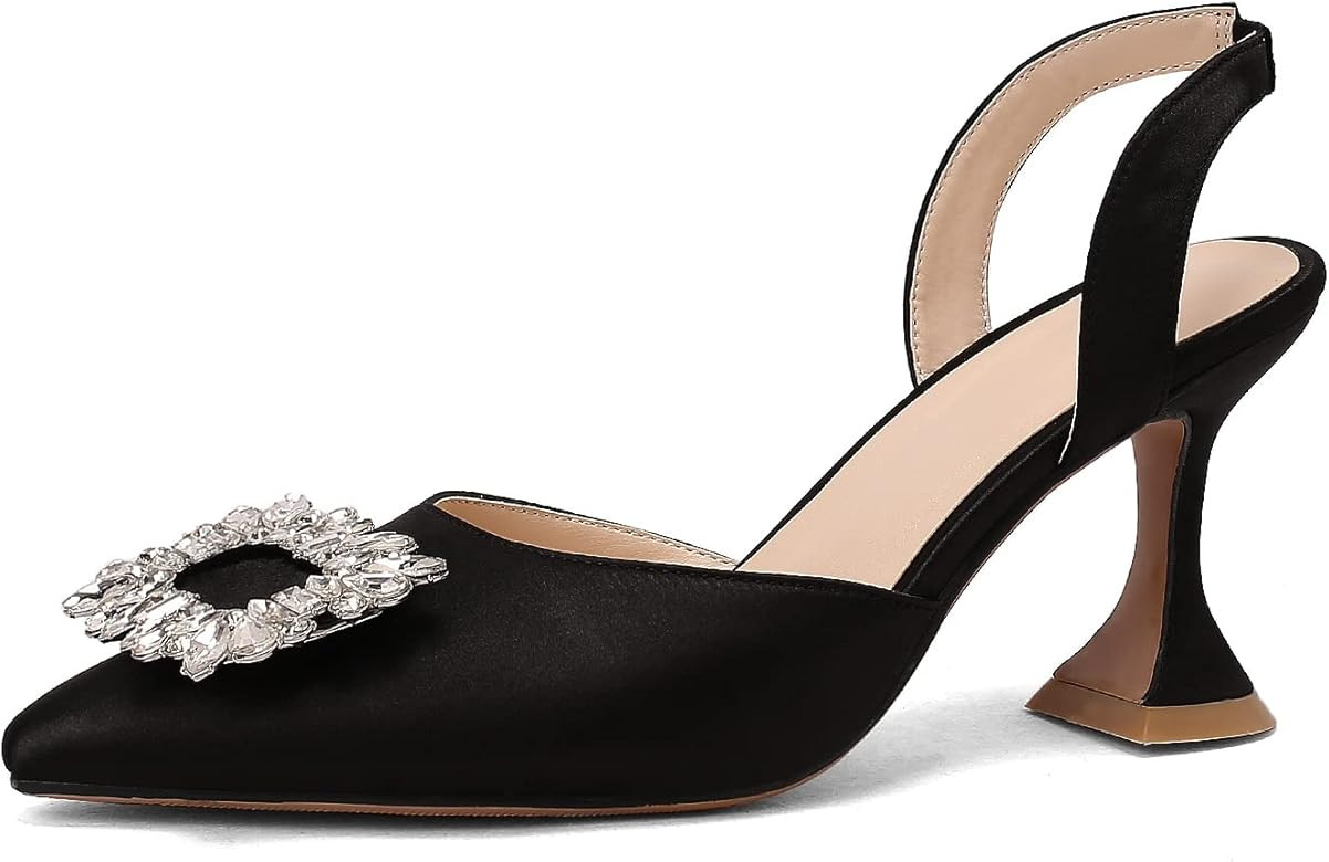 VARECOLA Women Crystal Satin Pointed Toe Pumps Shoes Triangle High Heeled Slingback Sandals | Amazon (US)