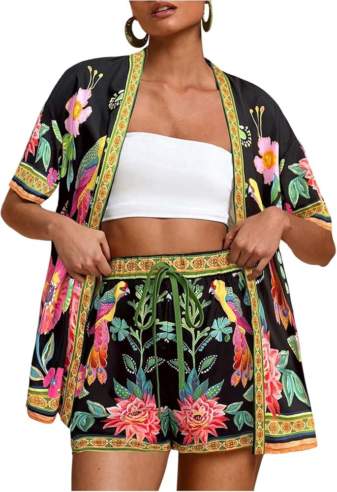 MakeMeChic Women's Tropical Beach Vacation Outfits Summer Two Piece Sets Boho Floral Kimono Tops ... | Amazon (US)