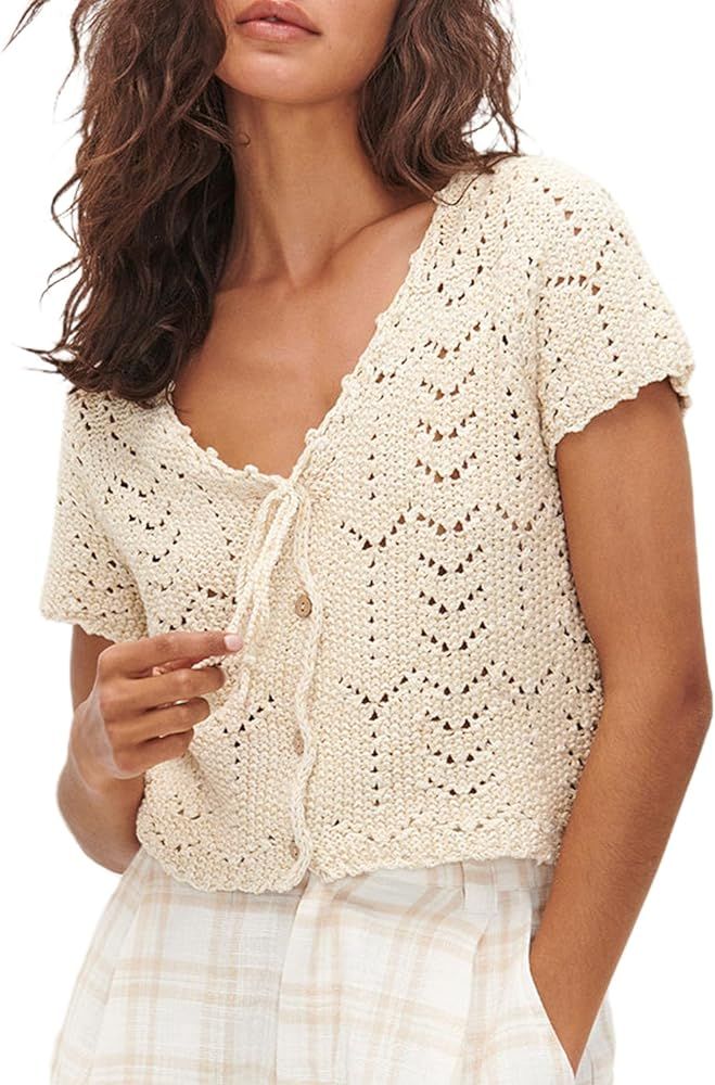 Crochet Tops for Women Knitted Summer Vest Hollow Out Button Down Shirts Short Sleeve Crop Tops F... | Amazon (US)