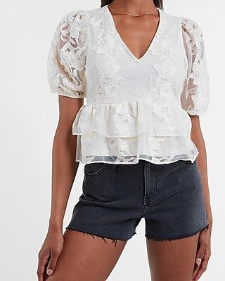 Embroidered Puff Sleeve Ruffle Top | Express