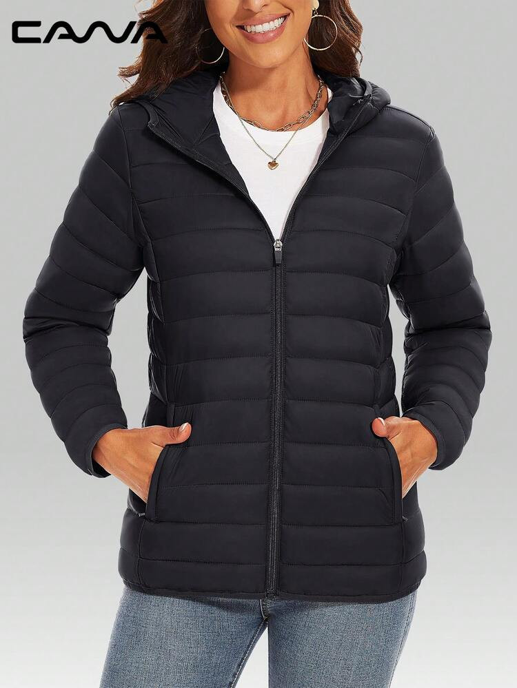 Cavva Chaqueta Acolchada Con Capucha Para Mujer, A Prueba De Viento, Ligera, Acolchada Y Forrada, Con Cremallera, Casual De Invierno, Cálida, Con 4 Bolsillos, Para Senderismo, Acampada Y Trabajo | SHEIN