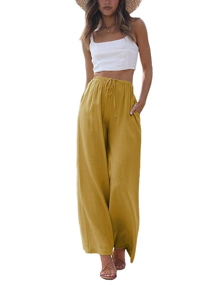 Faleave Women's Cotton Linen Summer Palazzo Pants Flowy Wide Leg Beach Trousers with Pockets | Amazon (US)