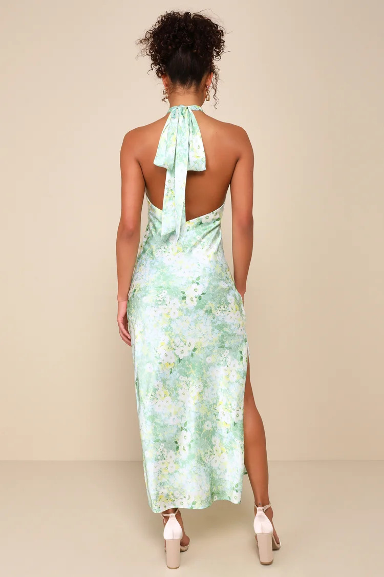 Glowing Presence Light Green Floral Satin Halter Maxi Dress | Lulus