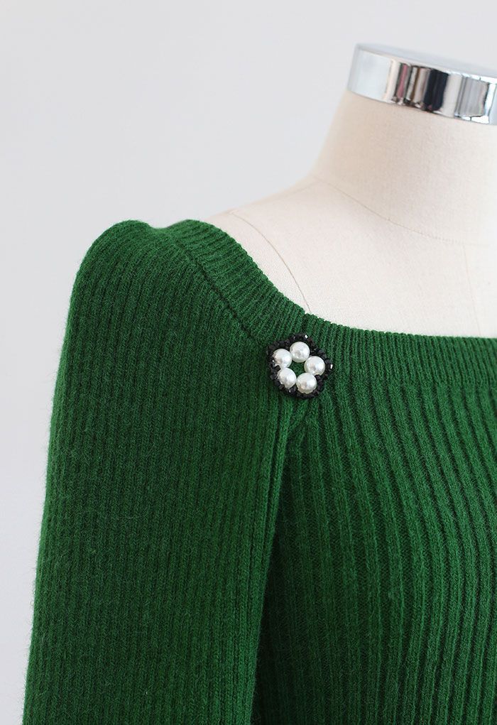Pearly Flower Square Neck Crop Knit Top in Green | Chicwish