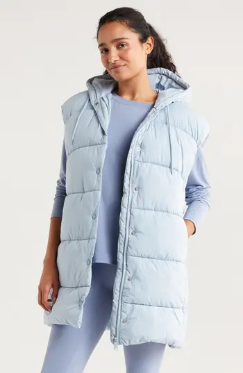 Zella Longline Hooded Puffer Vest in Blue Fog at Nordstrom Rack, Size Small | Nordstrom Rack