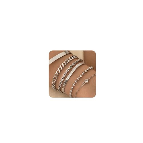 LOFITOR Silver Bracelets for Women Dainty Non Tarnish Link Chain Bracelet Set for Women Trendy Adjustable Chunky Thin Bracelets Stack Layered Cuff Beaded Cuban Rope CZ Heart Cross Jewelry Gift CZ | Amazon (US)