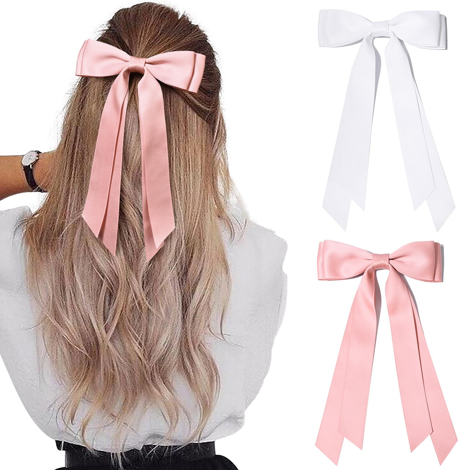 2PCS Silky Satin Hair Bows Hair Clip Pink White Hair Ribbon Ponytail Holder Accessories Slides Me... | Amazon (US)